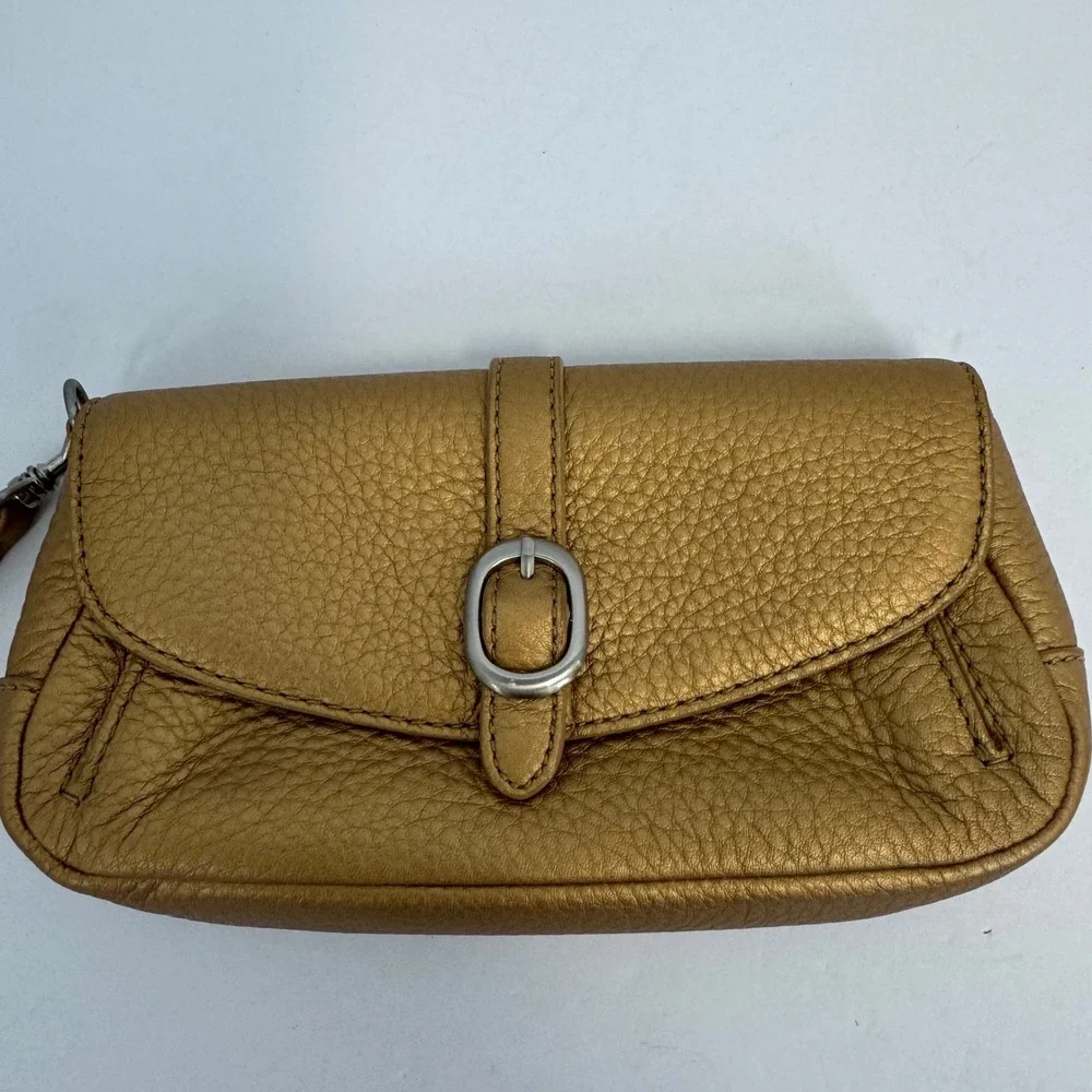 Talbots Metallic Gold Pebbled Leather Wristlet Clutch Bag Silver Buckle‎ Detail